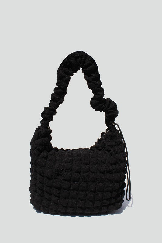 Black Pucker Shoulder Bag with adjustable drawstring strap and zipper closure; single compartment with side wall pockets