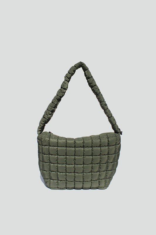 Washed Army Green nylon quilted crossbody bag with adjustable drawstring strap, zipper closure and interior wall pockets. 