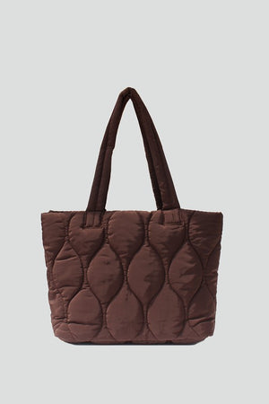 Chocolate Brown quilted hourglass tote bag with small pouch included.  Magnetic closure and internal side pockets.