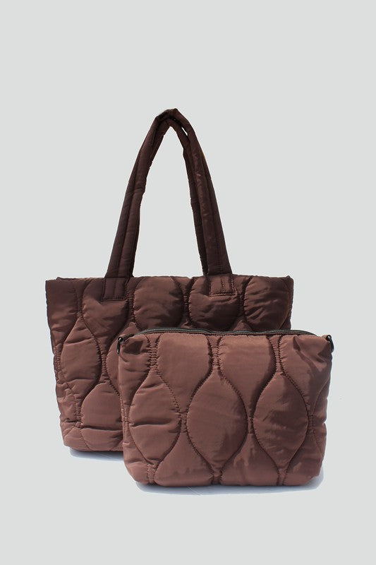 Chocolate Brown quilted hourglass tote bag with small pouch included.  Magnetic closure and internal side pockets.