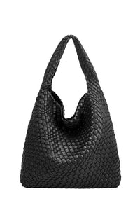 BLACK WOVEN VEGAN LEATHER SHOULDER BAG WITH REMOVABLE ZIP POUCH