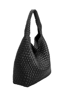 BLACK WOVEN VEGAN LEATHER SHOULDER BAG WITH REMOVABLE ZIP POUCH