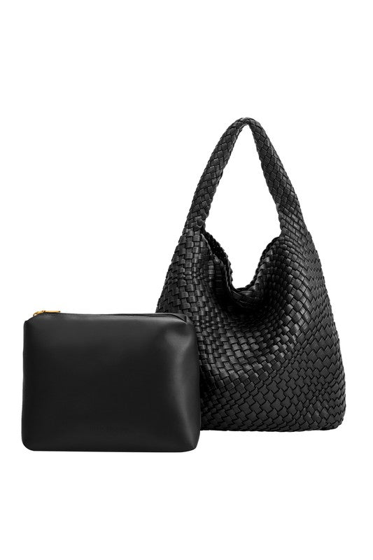 BLACK WOVEN VEGAN LEATHER SHOULDER BAG WITH REMOVABLE ZIP POUCH