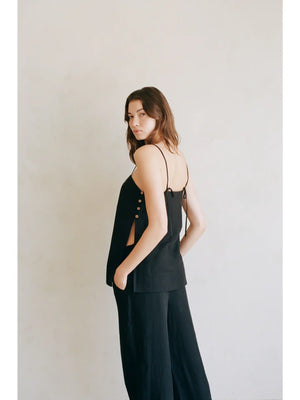 BLACK LINEN TOP WITH ADJUSTABLE SPAGHETTI STRAPS AND OPEN SIDES