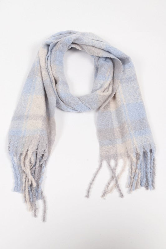 PLAID OBLONG SCARF WITH FRINGE (DUSTY BLUE)