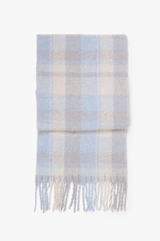 PLAID OBLONG SCARF WITH FRINGE (DUSTY BLUE)