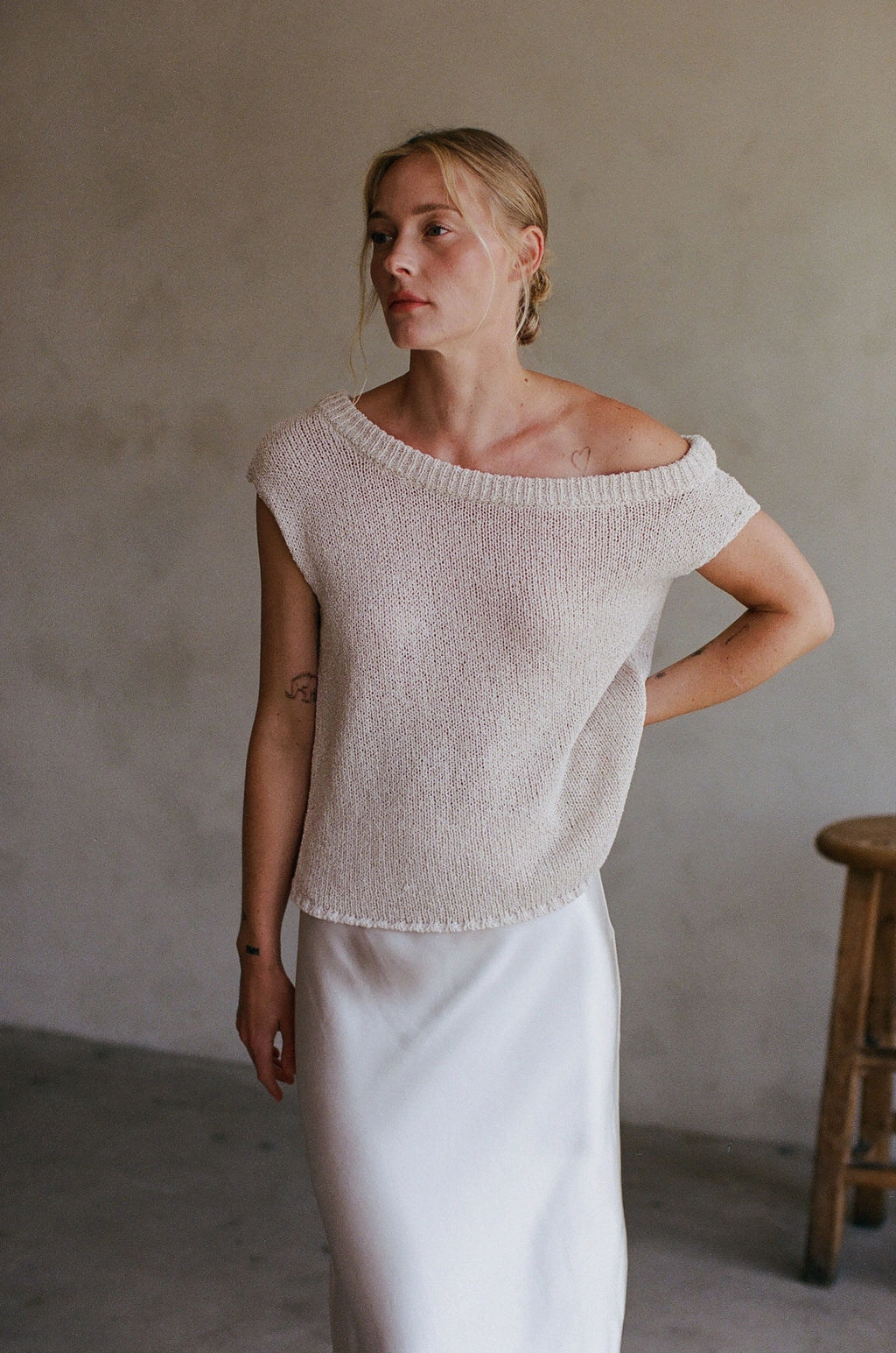 Knit Sweater One Side Off The Shoulder Sleeveless Top, Oatmeal color