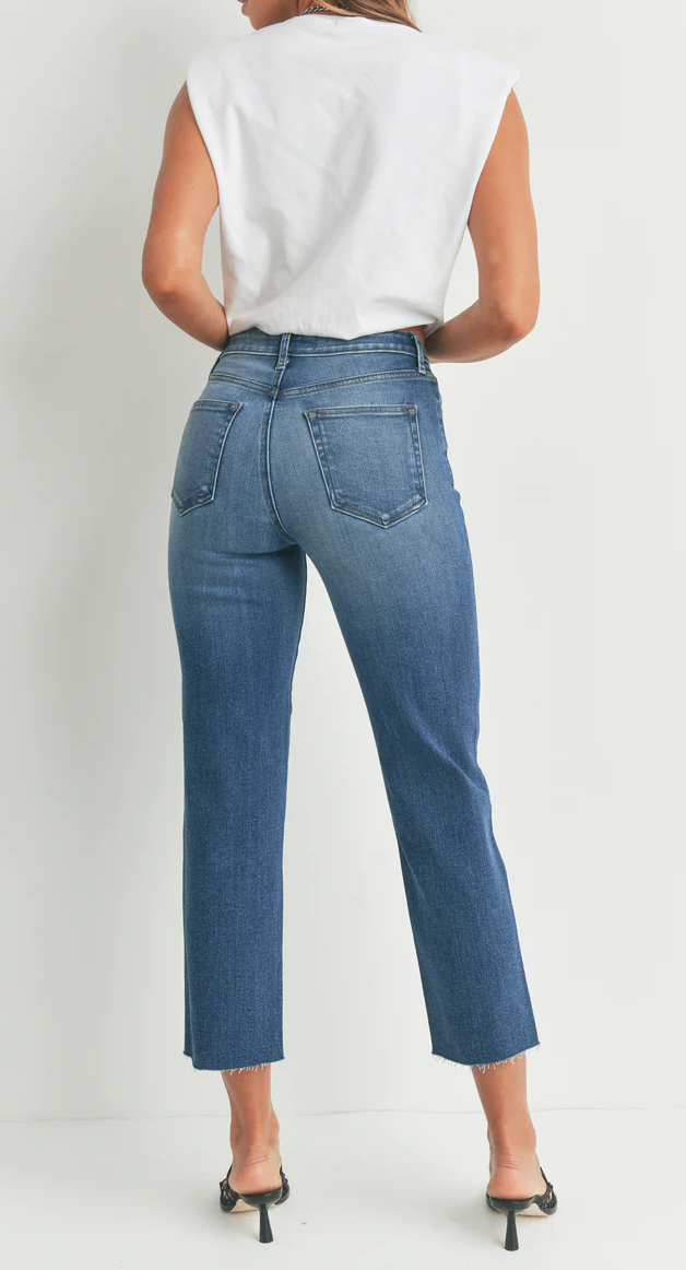 CLASSIC STRAIGHT JEANS, CROP LENGTH WITH RAW HEM IN DARK DENIM