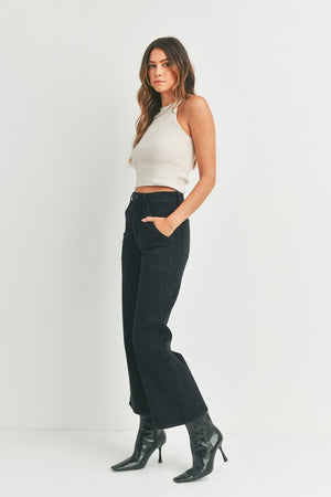 CROP LENGTH WIDE LEG PATCH POCKET JEANS (BLACK)