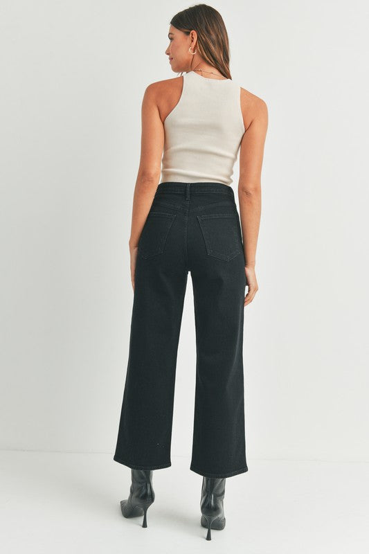CROP LENGTH WIDE LEG PATCH POCKET JEANS (BLACK)