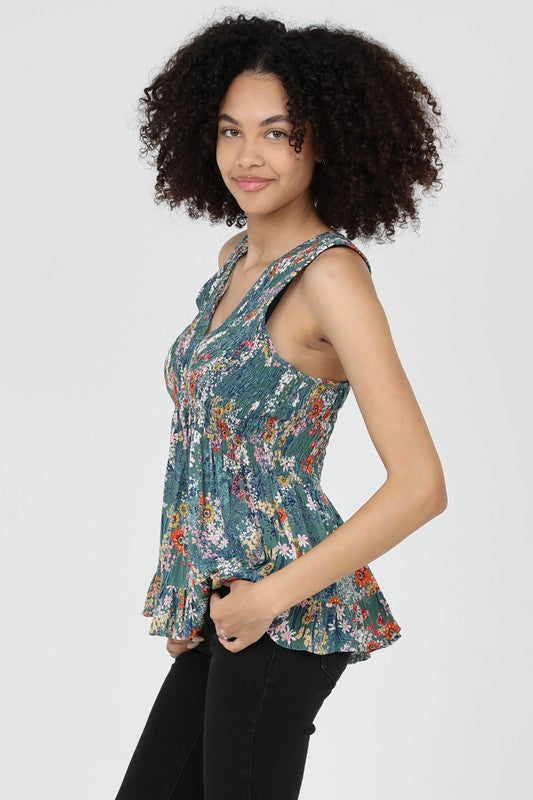V-NECK FLORAL PRINT TANK Top with smocking and racerback