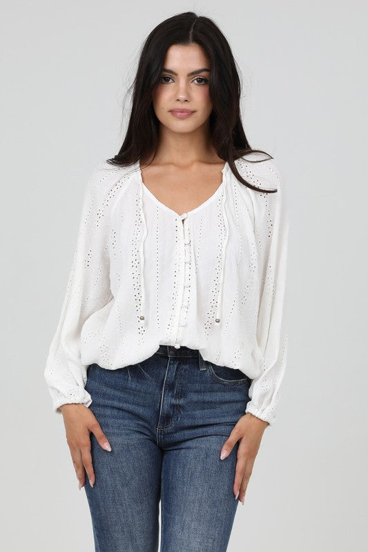 EYELET V-NECK TOP (IVORY) with long sleeves and functional covered buttons