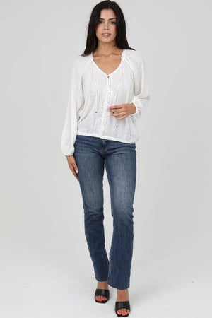 EYELET V-NECK TOP (IVORY) with long sleeves and functional covered buttons