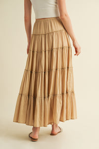 Tiered Full-Length Maxi Skirt
Elastic Waistband
Beaded Drawstring Tie Waist
Lined to Knee, Not Sheer