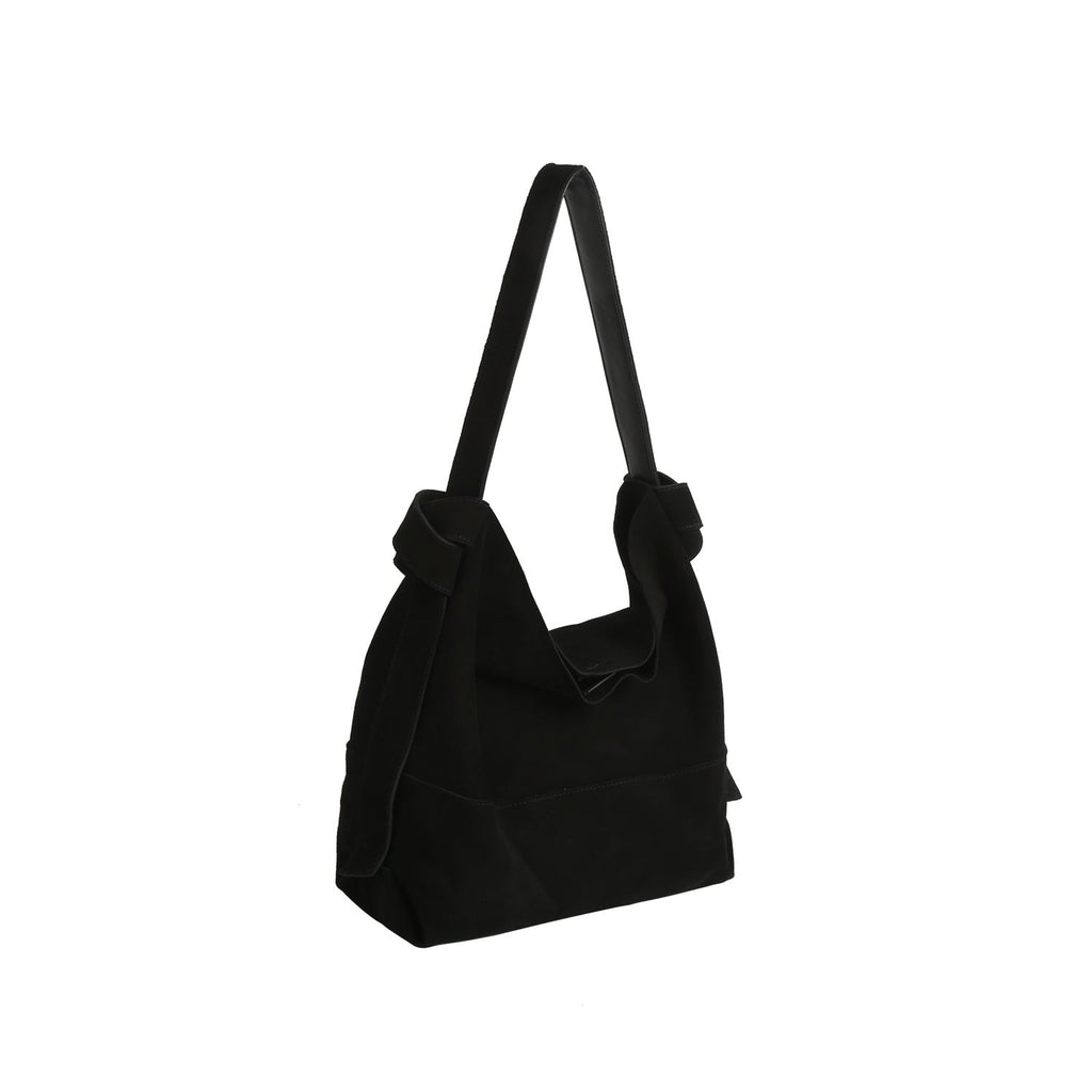 Genuine suede hobo style bag in black with large, removable zipper pouch, and suede shoulder strap
