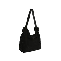 Genuine suede hobo style bag in black with large, removable zipper pouch, and suede shoulder strap