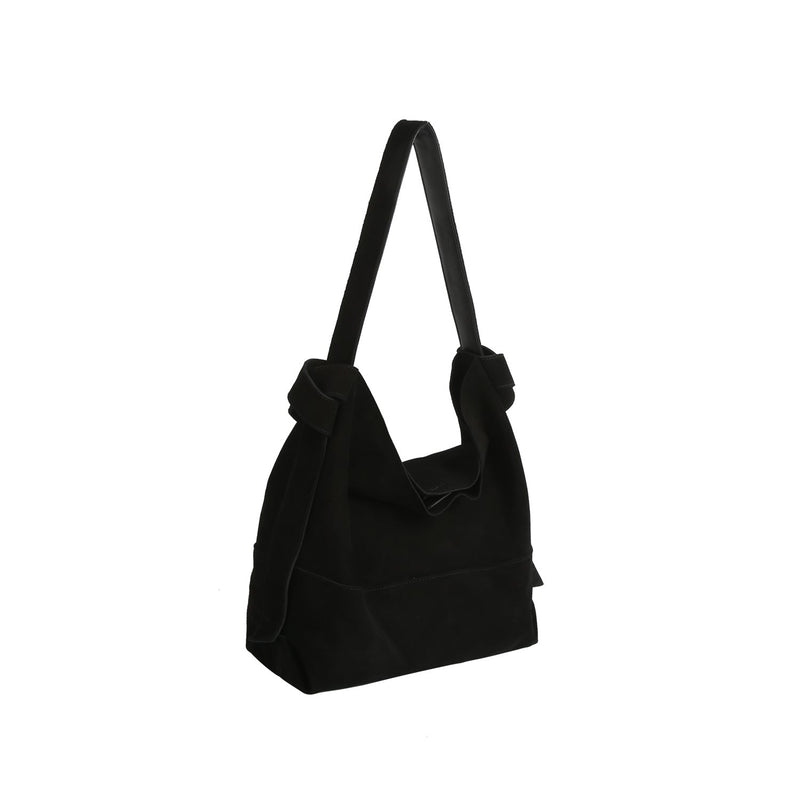 Genuine suede hobo style bag in black with large, removable zipper pouch, and suede shoulder strap
