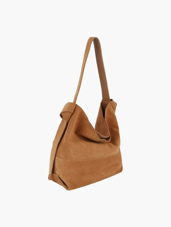 Genuine suede hobo style bag in brown with large, removable zipper pouch, and suede shoulder strap