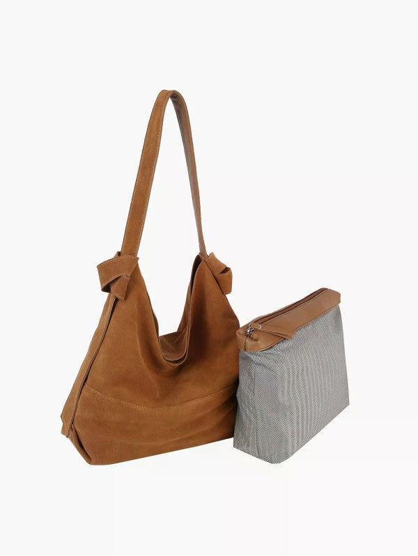 Genuine suede hobo style bag in brown with large, removable zipper pouch, and suede shoulder strap