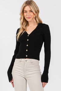 Black Button Front Ribbed Sweater Cardigan with Notch Collared and Long Sleeves 