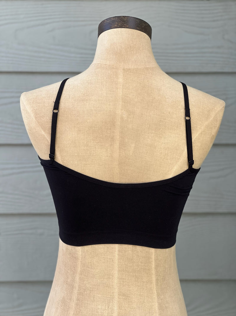 Black plain bralette with adjustable straps and removable padding