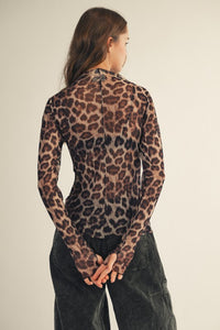 Leopard Print Thumb Hole Mesh Mock Neck Layering Top