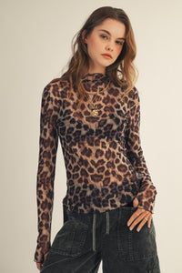 Leopard Print Thumb Hole Mesh Mock Neck Layering Top