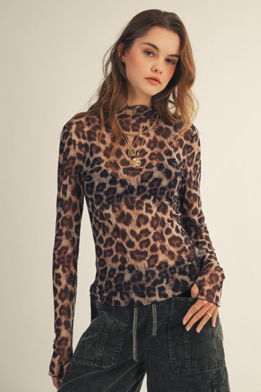 Leopard Print Thumb Hole Mesh Mock Neck Layering Top