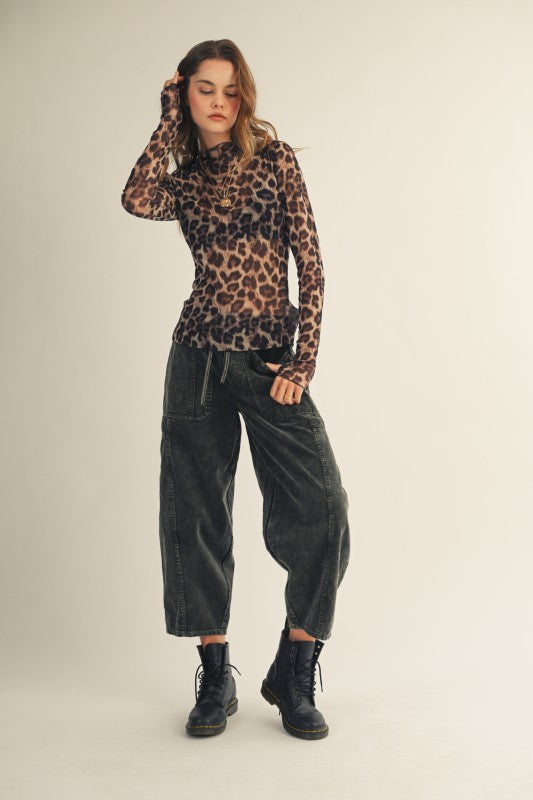 Leopard Print Thumb Hole Mesh Mock Neck Layering Top