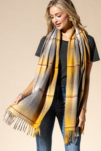 PLAID OBLONG SCARF WITH FRINGE (MUSTARD)