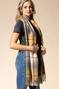 PLAID OBLONG SCARF WITH FRINGE (MUSTARD)