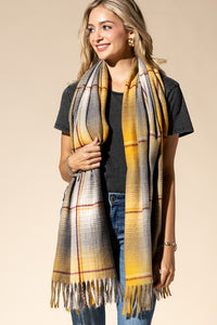 PLAID OBLONG SCARF WITH FRINGE (MUSTARD)