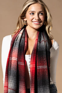 PLAID OBLONG SCARF WITH FRINGE (RED)