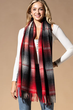 PLAID OBLONG SCARF WITH FRINGE (RED)