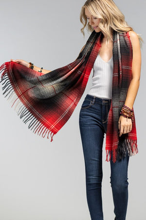 PLAID OBLONG SCARF WITH FRINGE (RED)