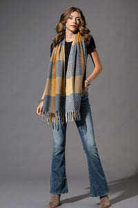 PLAID OBLONG SCARF WITH FRINGE in shades of mustard and gray