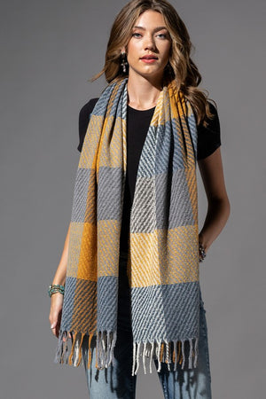 PLAID OBLONG SCARF WITH FRINGE in shades of mustard and gray