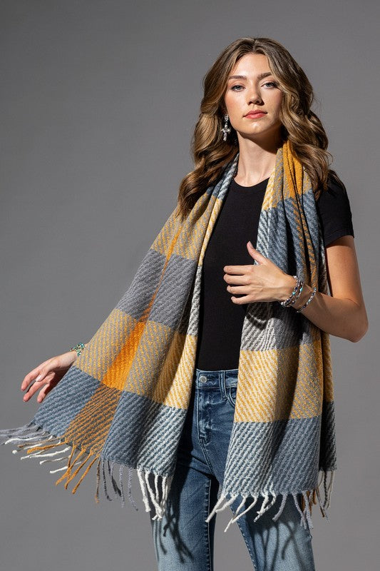 PLAID OBLONG SCARF WITH FRINGE in shades of mustard and gray