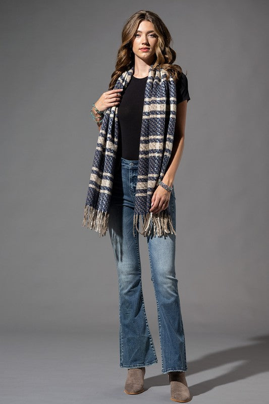 OBLONG SCARF WITH FRINGE (BLUE PLAID)