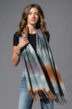 MULTI-COLOR OBLONG SCARF WITH TASSEL IN SHADES OF SAGE GRAY AND RUST