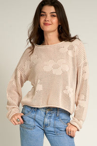 Beige flower pattern crochet sweater with rolled edge at neckline, sleeves and waist