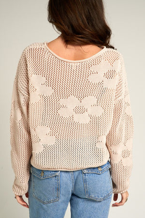 Beige flower pattern crochet sweater with rolled edge at neckline, sleeves and waist