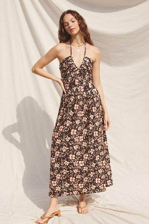 HALTER STYLE MAXI DRESS with corset style back with functional ties in a black floral print