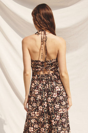 HALTER STYLE MAXI DRESS with corset style back with functional ties in a black floral print