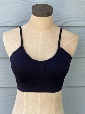 Black plain bralette with adjustable straps and removable padding