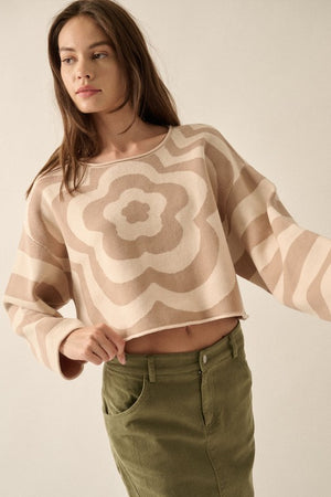 floral pattern knit sweater, with long striped sleeves, round neckline, cropped, loose fit, pattern on front and back in two tone sand color