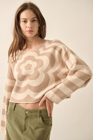 floral pattern knit sweater, with long striped sleeves, round neckline, cropped, loose fit, pattern on front and back in two tone sand color
