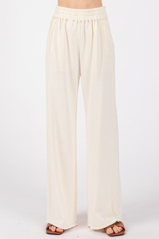 WIDE LEG RIBBED KNIT LOUNGE PANTS (CREAM) WITH POCKETS AND RIBBED SIDE PANEL 