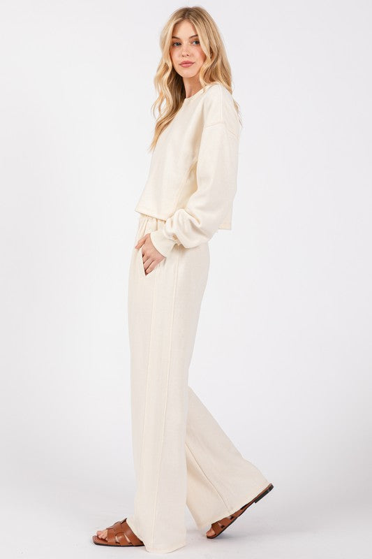 WIDE LEG RIBBED KNIT LOUNGE PANTS (CREAM) WITH POCKETS AND RIBBED SIDE PANEL 