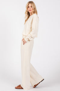 WIDE LEG RIBBED KNIT LOUNGE PANTS (CREAM) WITH POCKETS AND RIBBED SIDE PANEL 